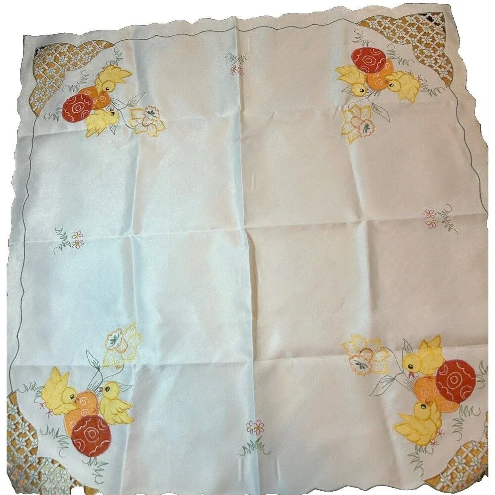 Easter Tablecloth 85x85cm Chick Egg Embroidery Lace Cutwork NWT Spring Cottage